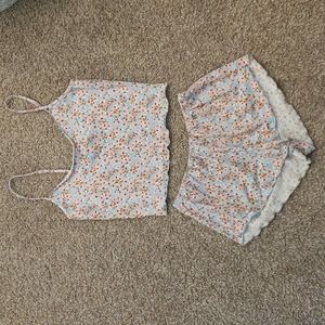 Modcloth Blue and Pink Floral Ruffle Hem Pajama PJ Set